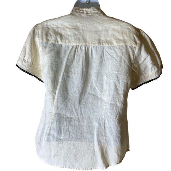 Sunny Leigh 100% Linen Shirt Women's Size Medium Ruffle Lace Trim Neckline Top - Picture 4 of 8